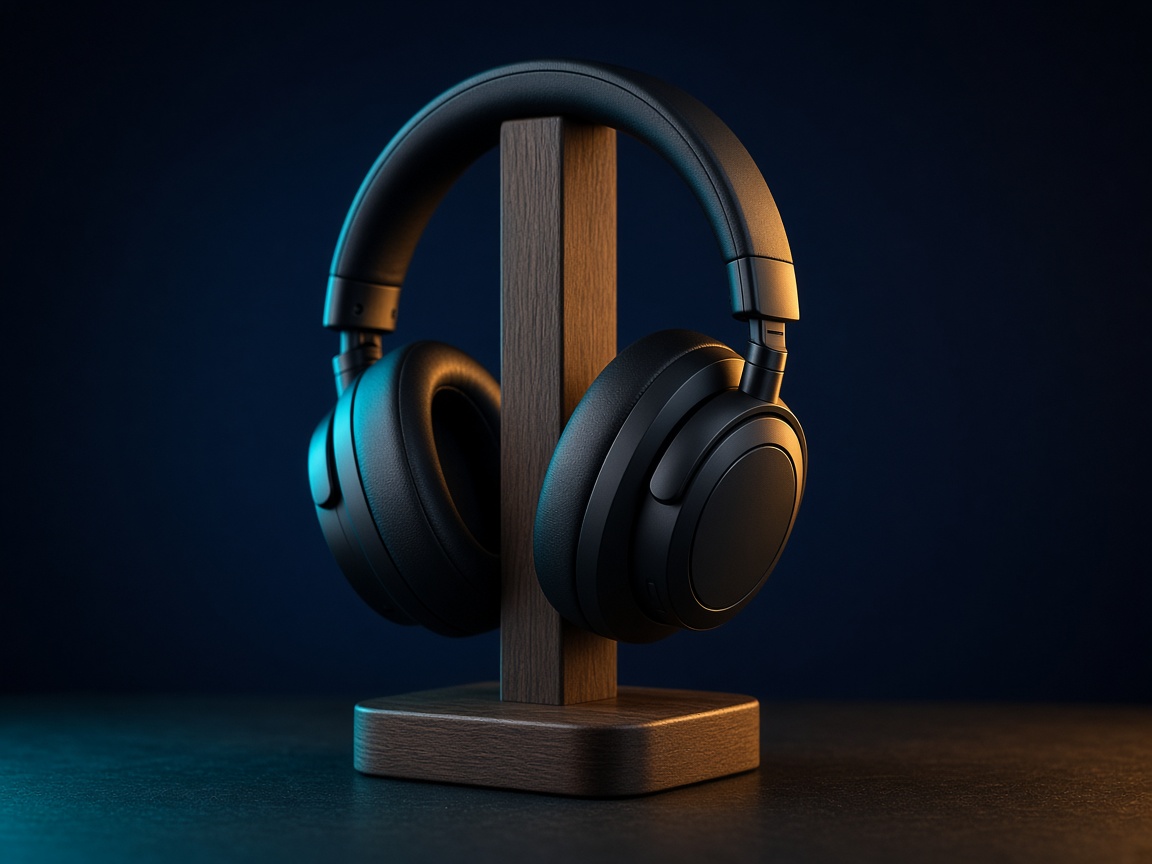 Casque de compétition noir sur un support, éclairage teal