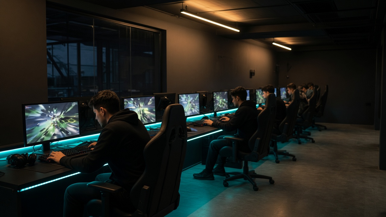 Rangée de postes d'entraînement éclairés en teal