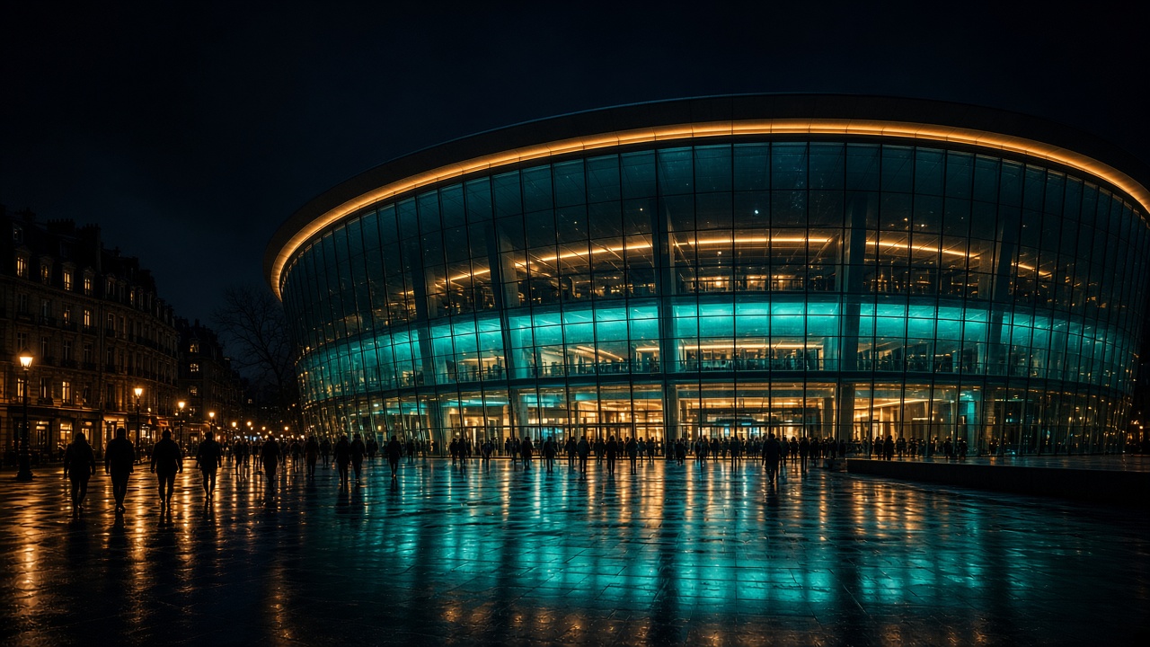 Façade vitrée d'une salle esport la nuit, reflets teal sur le trottoir mouillé