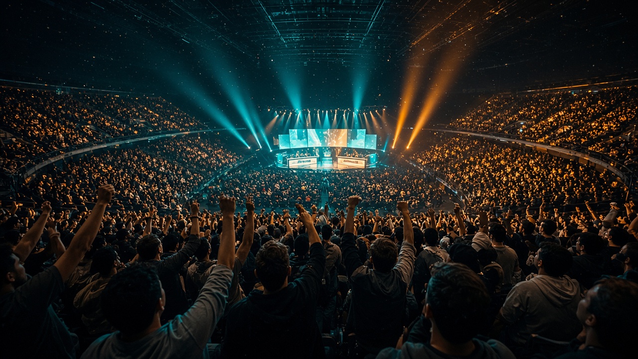 Public debout face à une scène esport très éclairée